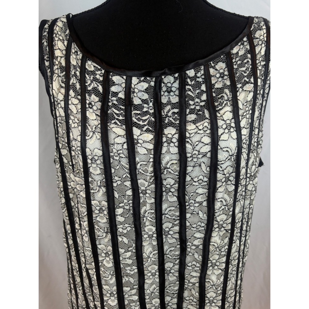 SLNY Womens 14W Lace Midi Dress Black Ivory Ribbon Stripe Handkerchief Hem - Picture 7 of 16